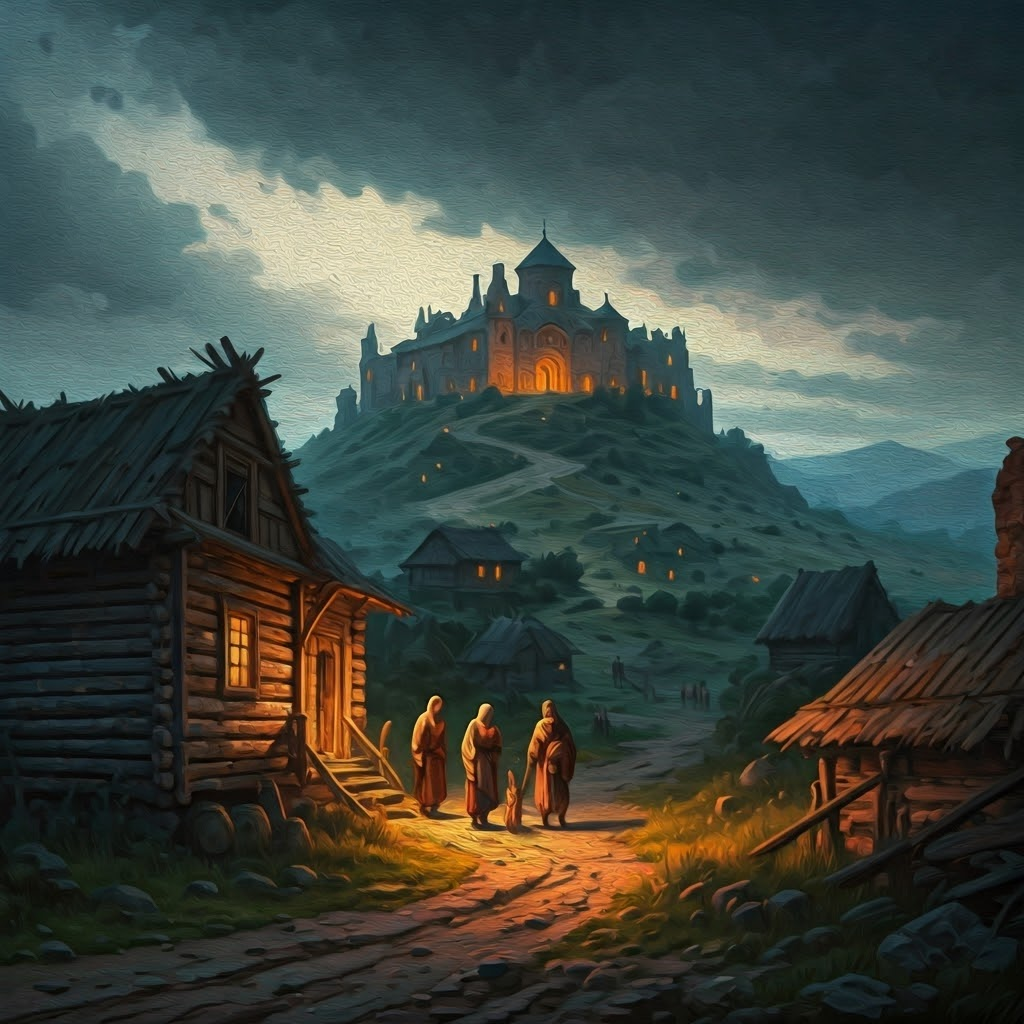 A twilight scene shows a ruined Roman landscape giving way to a lit stone monastery on a hill, symbolizing Europe's shift from chaos to monastic order.