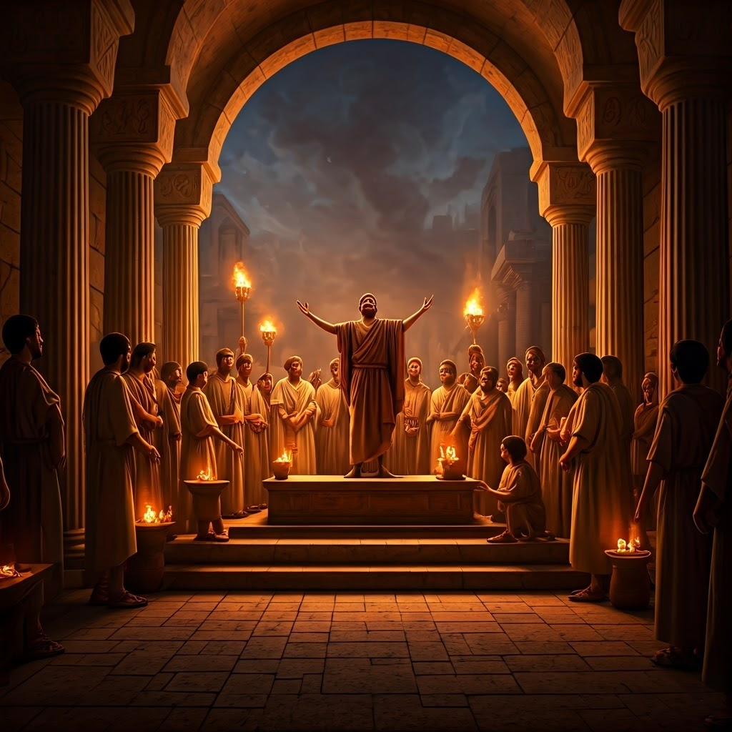 Greek rhapsode reciting epic poetry to captivated marketplace crowd at dusk.