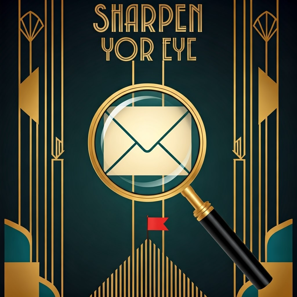 Art-Deco magnifying glass over an email icon signals the importance of careful inspection.