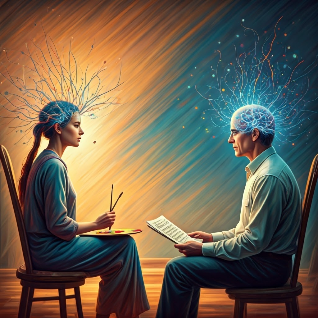 Illustration showing glowing neural threads connecting an artist painting abstract shapes and a composer writing music, symbolizing shared sensory inspiration.