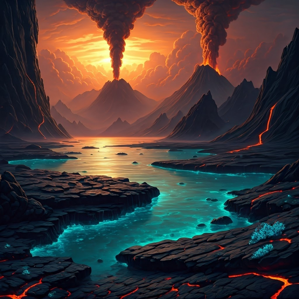 Volcanic prehistoric seascape with glowing cyanobacteria under an orange sky; evokes early Earth’s toxic atmosphere.