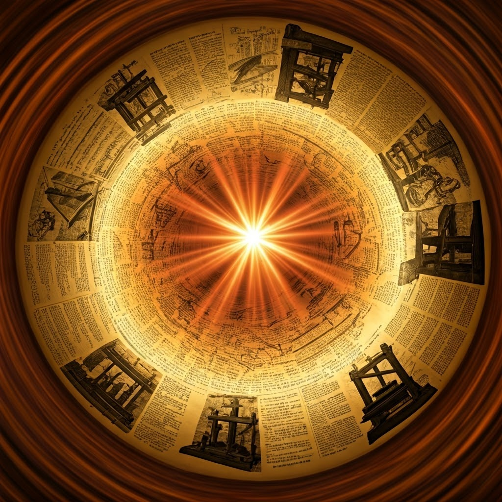 Collage of swirling pamphlets and books around a glowing spark, symbolizing print culture fueling change.