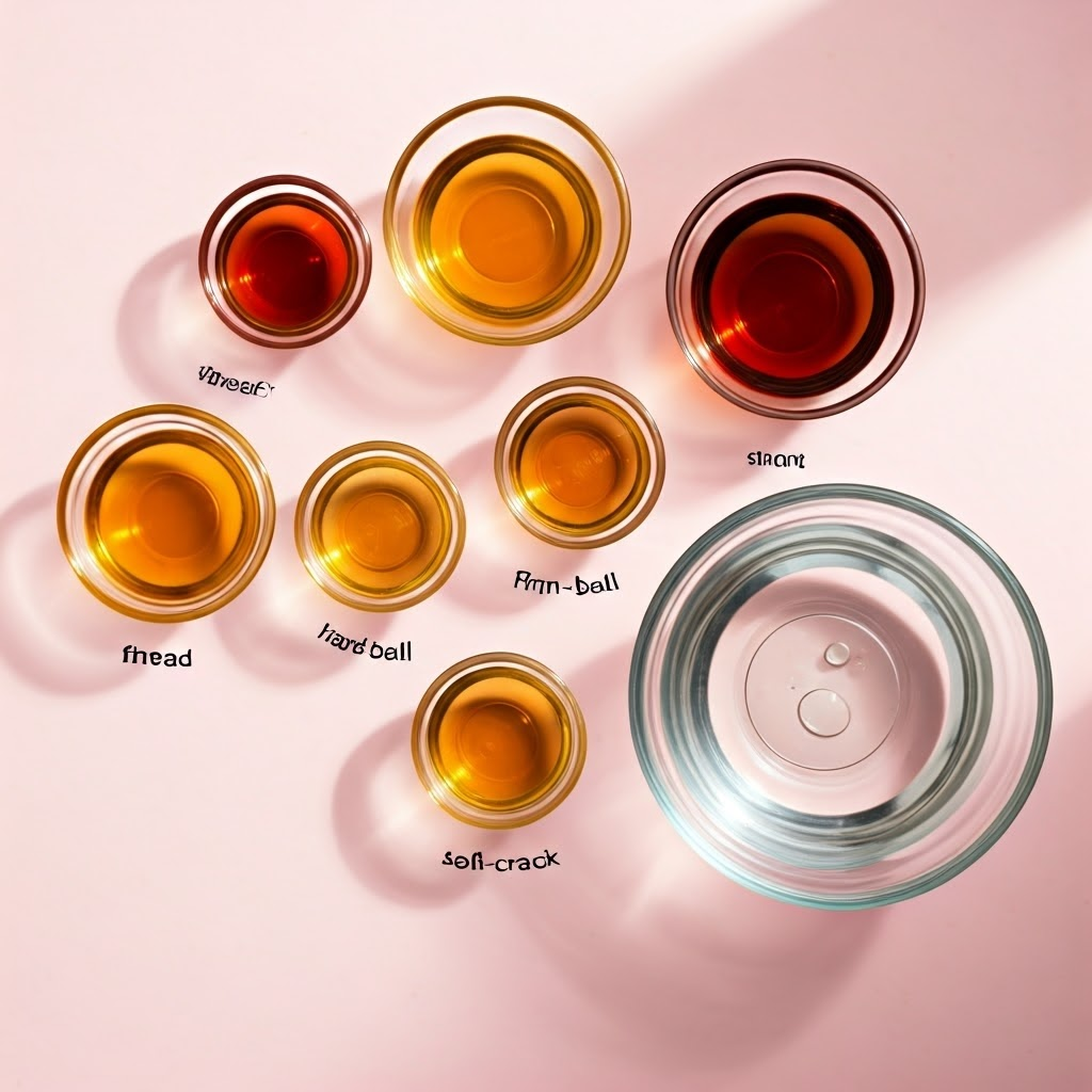 Samples of sugar syrup at six classic stages arranged for comparison.