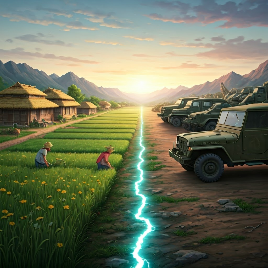 A divided rural Korean landscape where one side shows traditional thatched-roof houses and farmers tilling fields, and the other side shows American jeeps and Soviet armored cars parked behind a glowing, ethereal border line hovering above the ground. The sky transitions from pale dawn over one side to dusk over the other, style: emotive neo-romantic digital watercolor with soft, melancholic hues.
