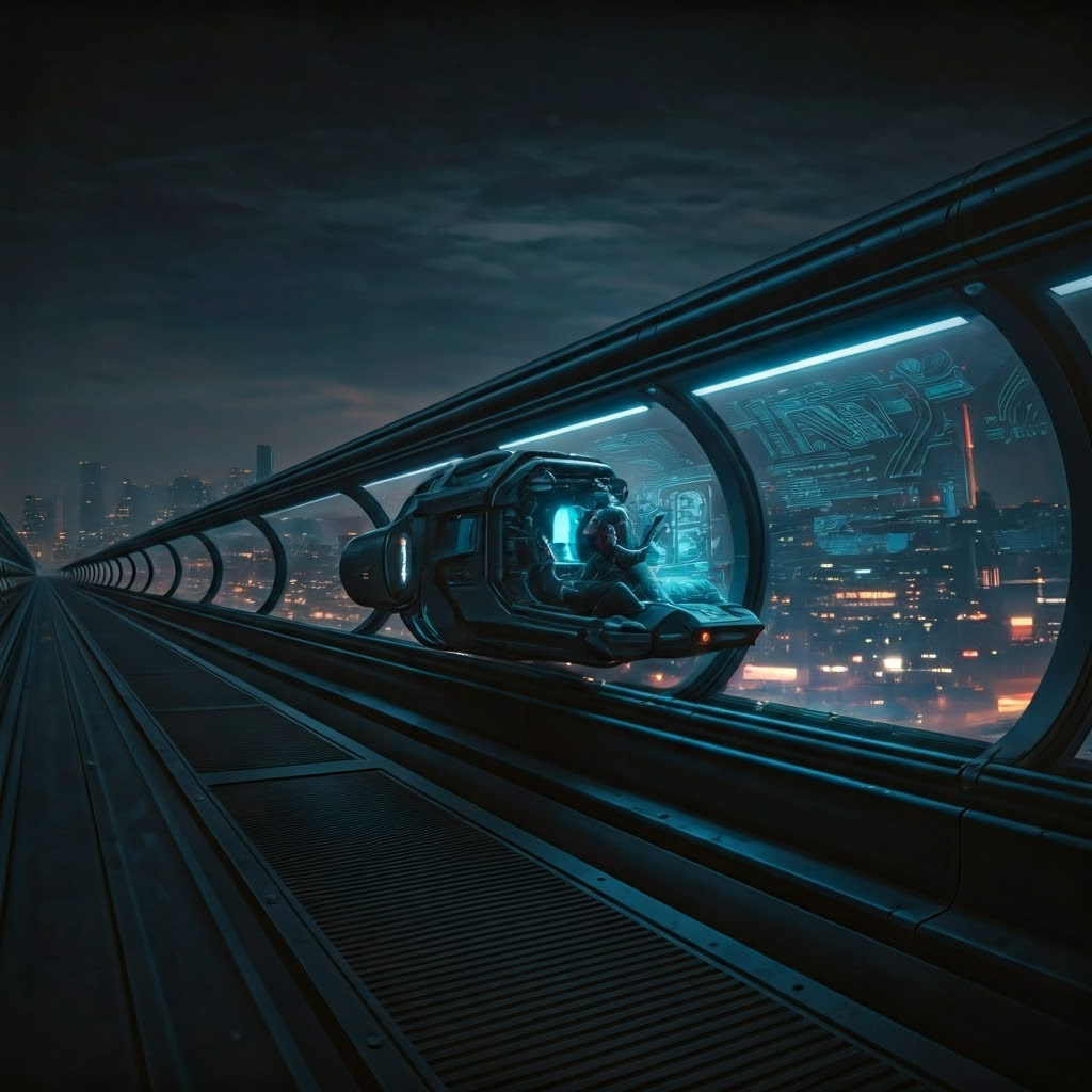Futuristic evacuated tube with a neon-lit personal pod hovering inside, symbolizing modern hyperloop concepts.