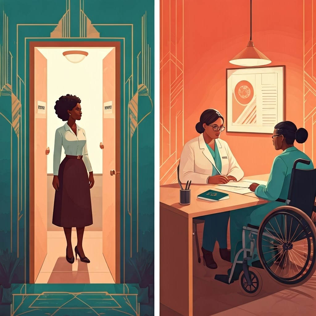 Art-deco diptych of a Black woman at a job interview and a disabled immigrant with a health worker—showing combined barriers.