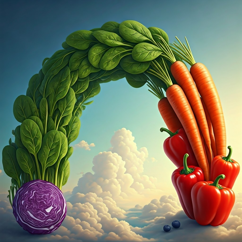 Rainbow arch of fruits and veggies against whimsical sky