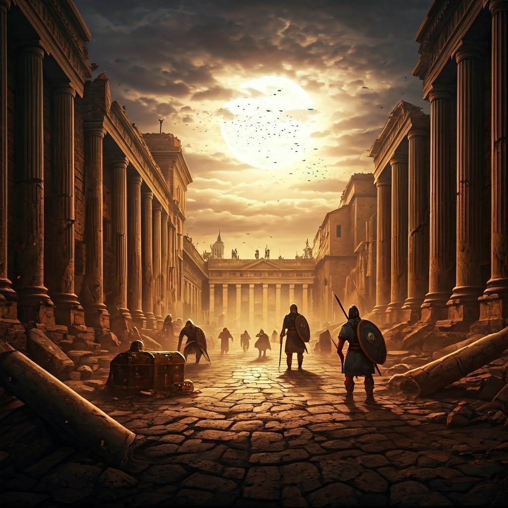 Ruined Roman city at dusk with Visigoth raiders among broken columns and torn banners