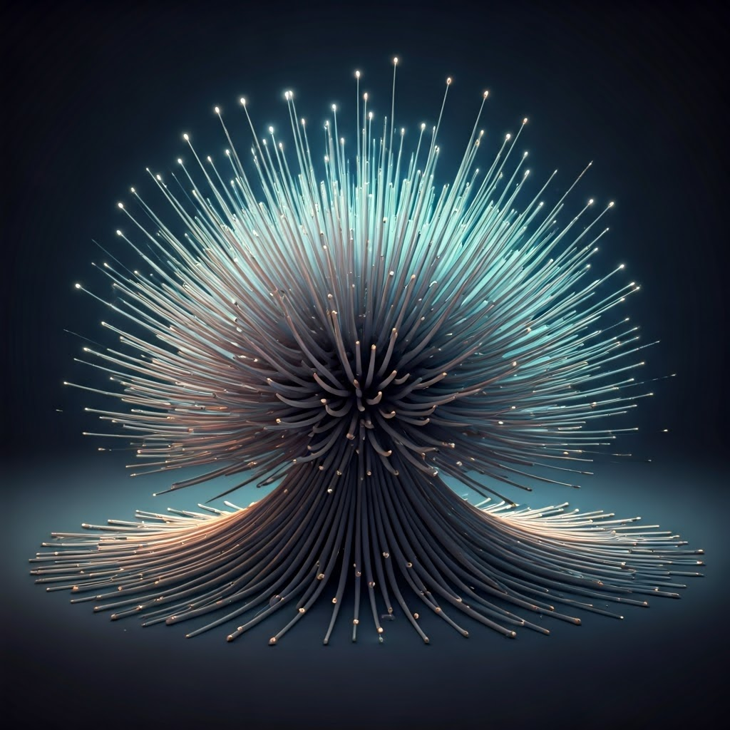 Cool blue branching structures sprouting from a central sphere, light glinting on each tip