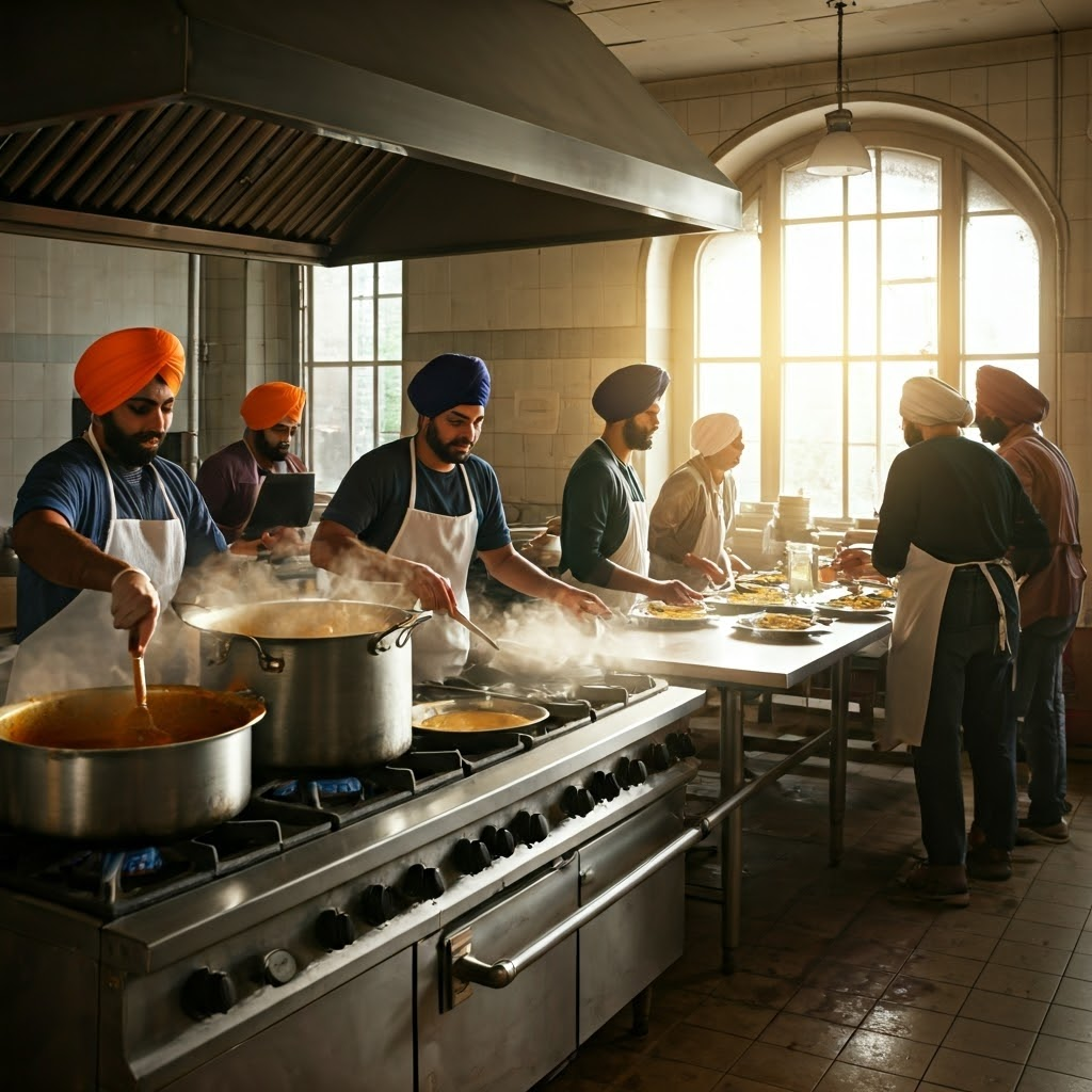 Volunteers cooking in a Gurdwara kitchen serving langar to all, showing Sikh equality