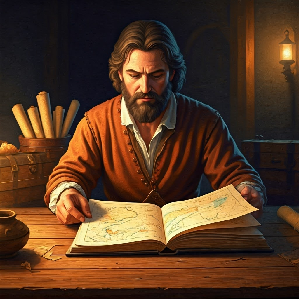 Merchant captain in a harbor tavern studying a brightly colored, freshly printed atlas