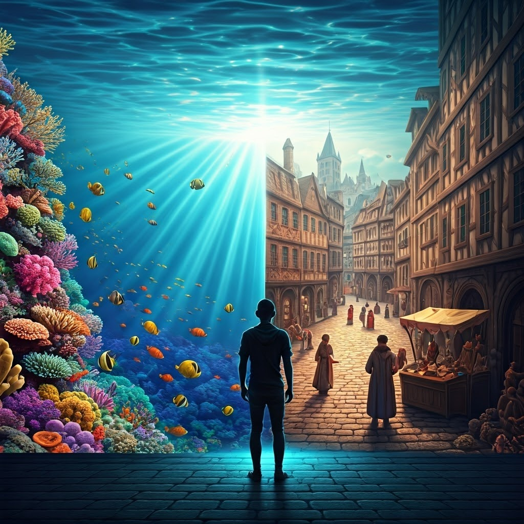 VR headset projects a coral reef on one side and a medieval town on the other, highlighting context-based memory.