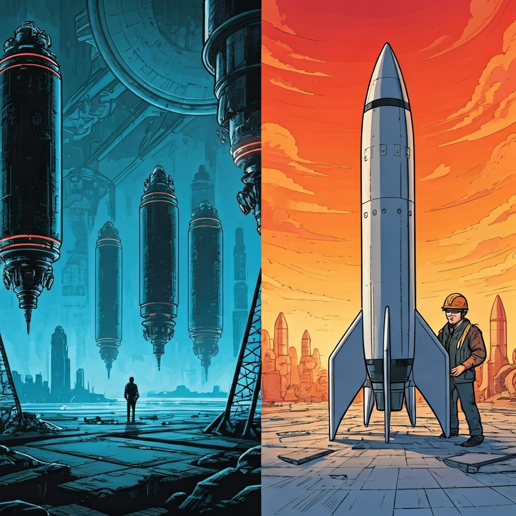 Split screen of wild sci-fi devices versus engineers doing real math