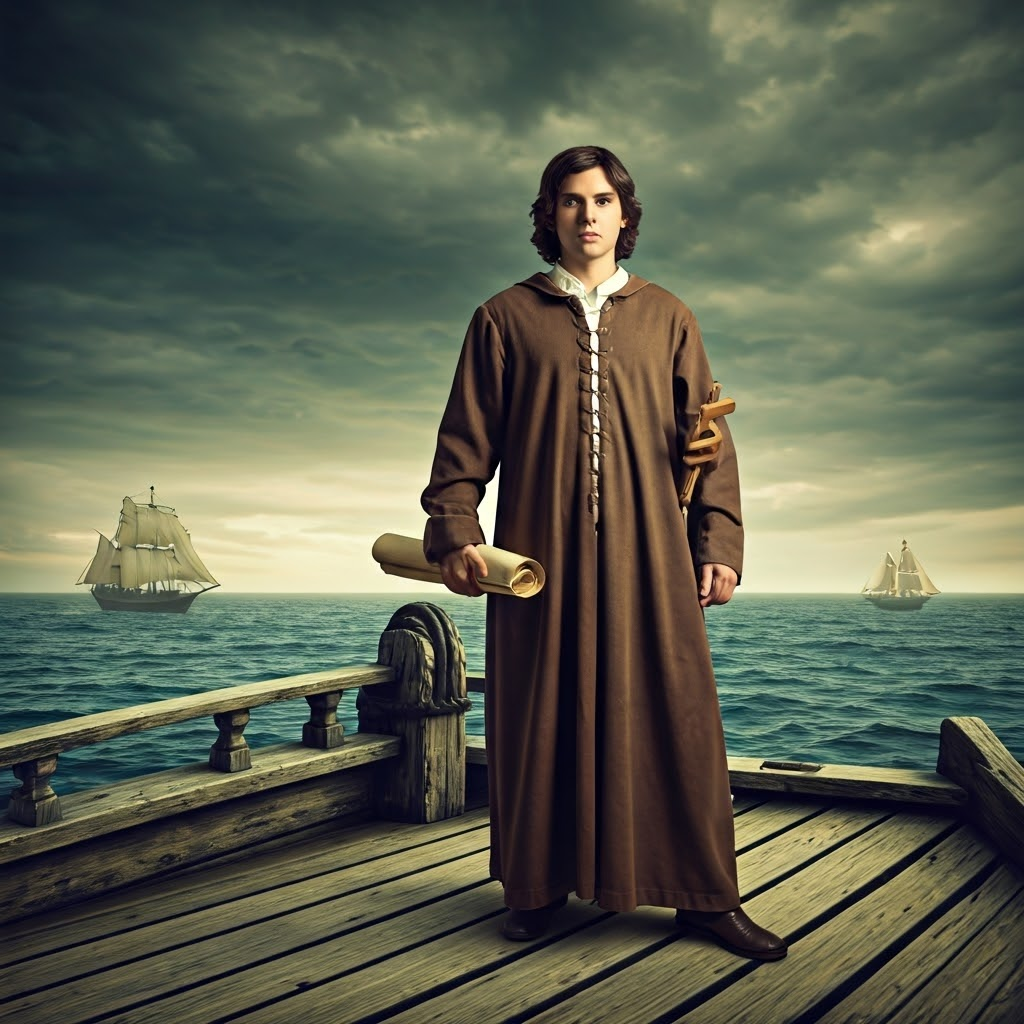 16th-century missionary on the prow of a wooden ship beneath storm clouds, symbolizing early Catholic voyages that carried Christianity across oceans