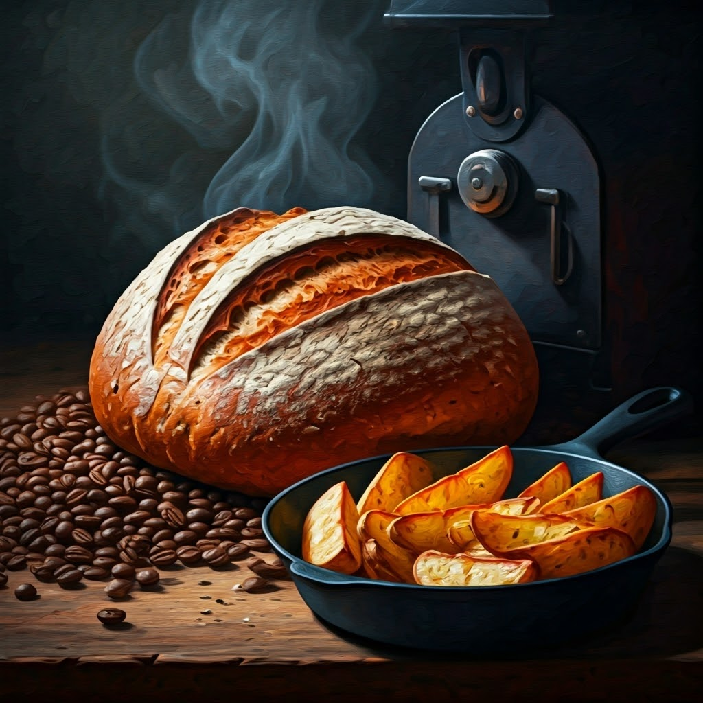 Triptych showing bread baking, coffee roasting, and potatoes browning to demonstrate Maillard in action