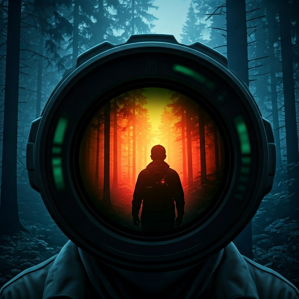 A forest scene through night-vision goggles highlights warm infrared silhouettes against cool shadows