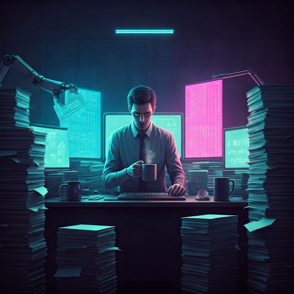 Office worker smiles as a robotic arm automates spreadsheet tasks and hands over a fresh coffee, symbolizing stress-free data work.