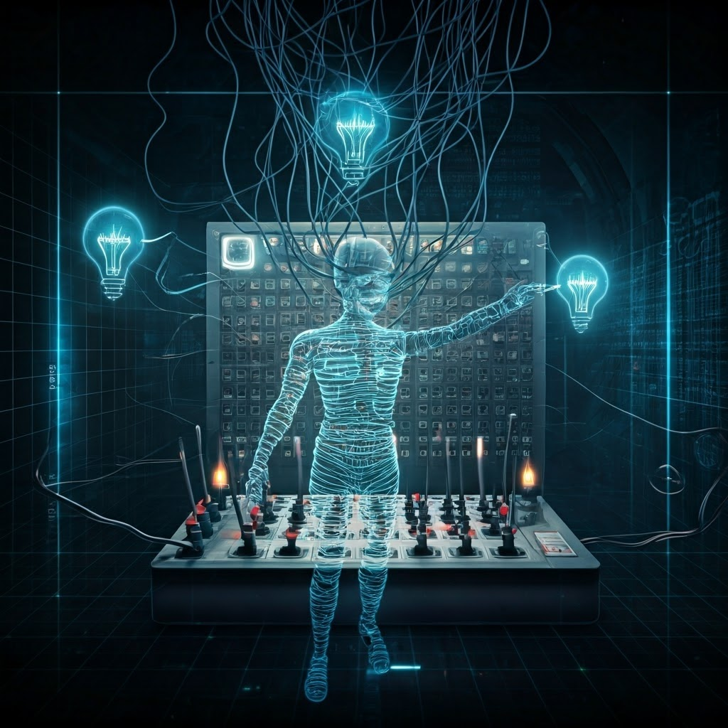 Surreal collage of phones, books, and glowing nodes linked by light wires, with a translucent operator selecting bright ideas.