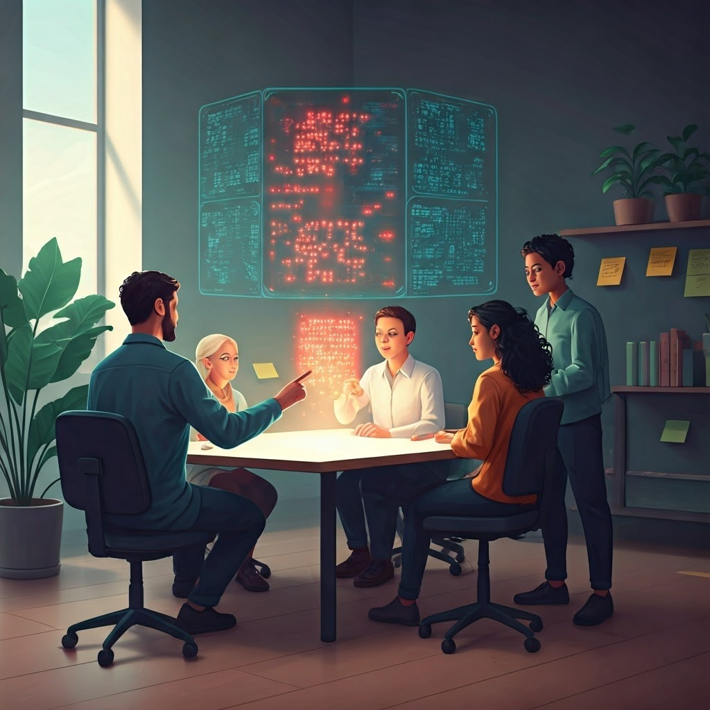 A mixed team reviews a holographic algorithm, pointing to red gaps needing better data.