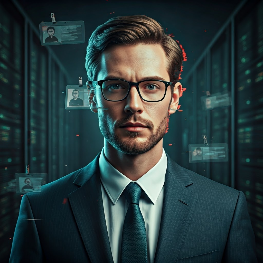 Fragmented portrait of an office worker surrounded by drifting ID badges and server racks, hinting at insider threats.