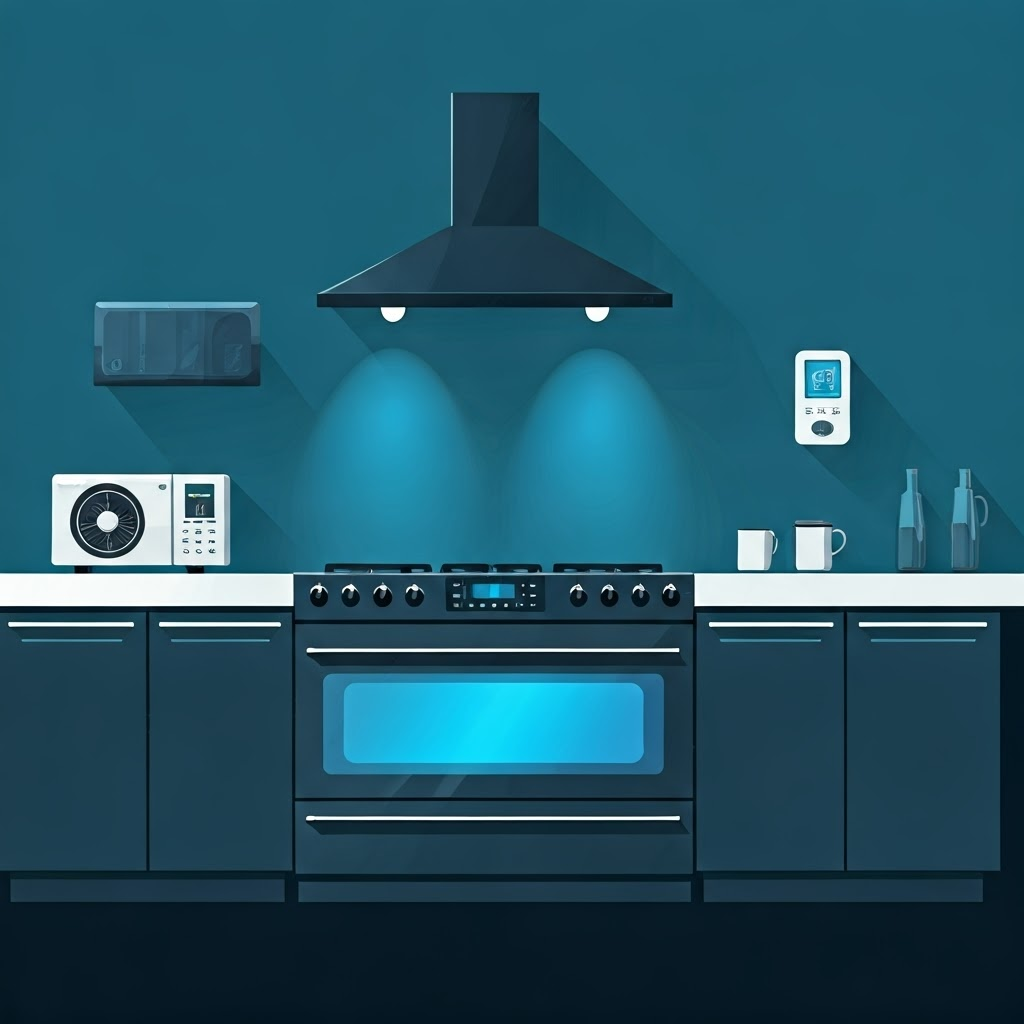Vector kitchen with induction stove glowing blue, wall-mounted heat pump, and smart thermostat—depicts electric home appliances