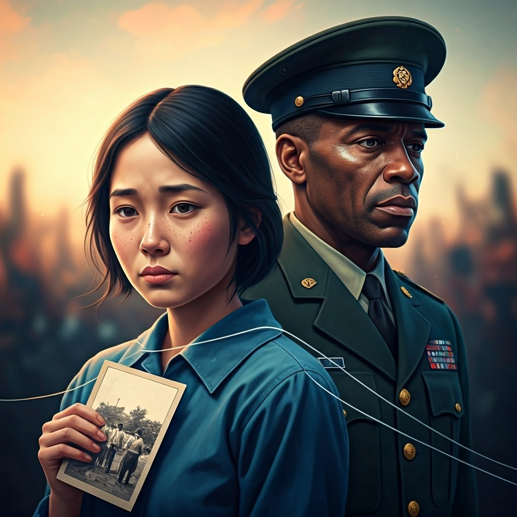 Collage of diverse faces linked by a glowing thread—a Japanese American woman with an internment photo and an African American veteran in uniform