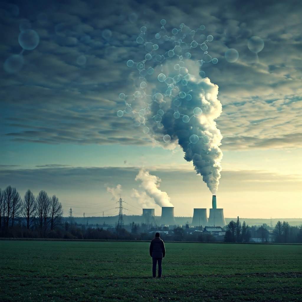 Observer watches smoke rise from a power-plant chimney symbolizing CO₂ piling invisibly in the sky