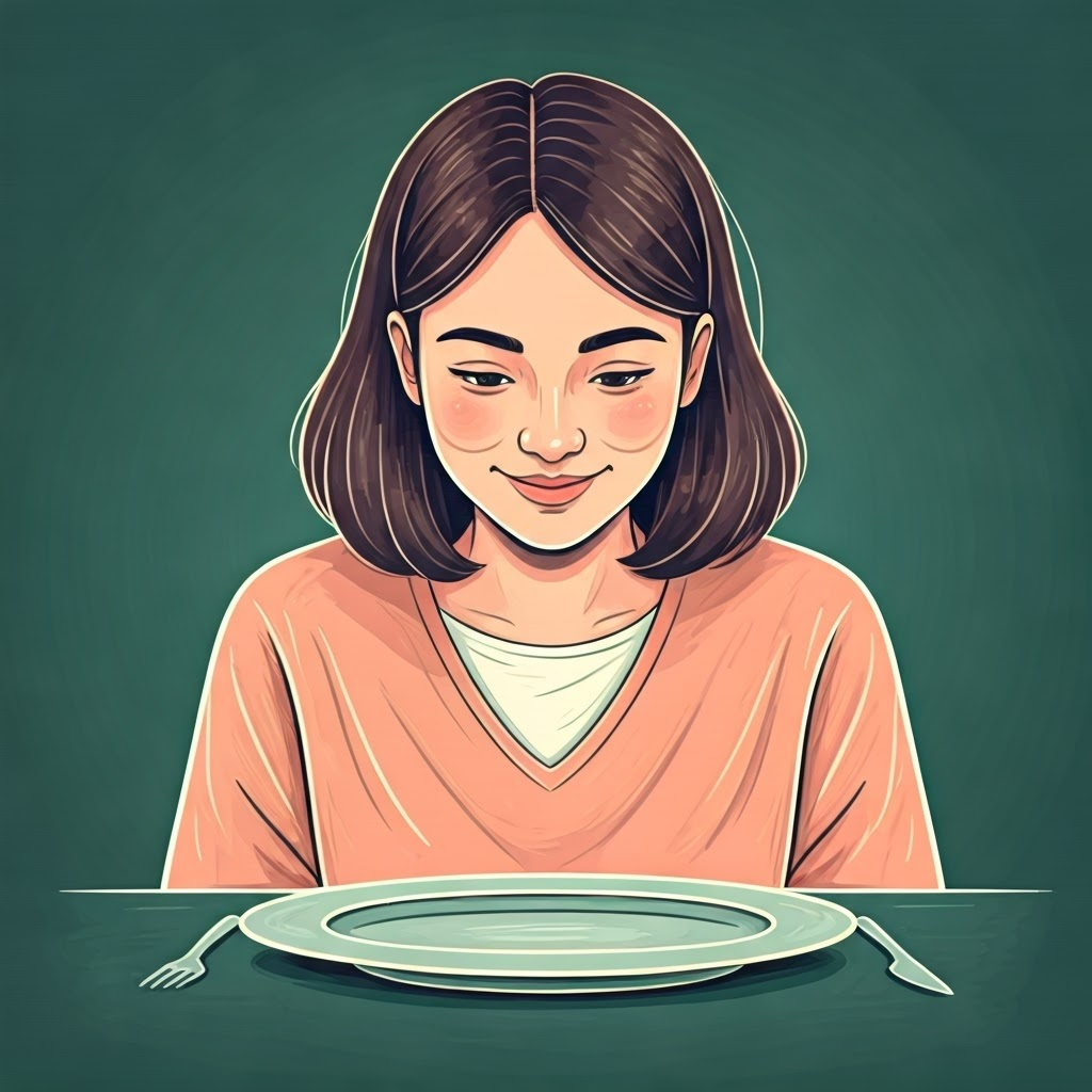 Smiling person looking at a balanced, colorful plate