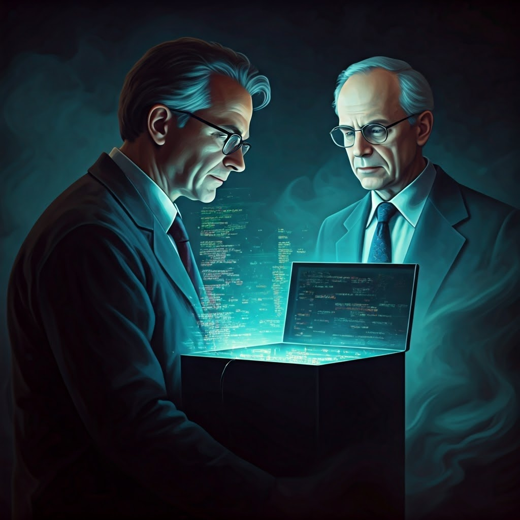 Researcher peering into a glowing code-filled box, hinting at the challenge of AI transparency