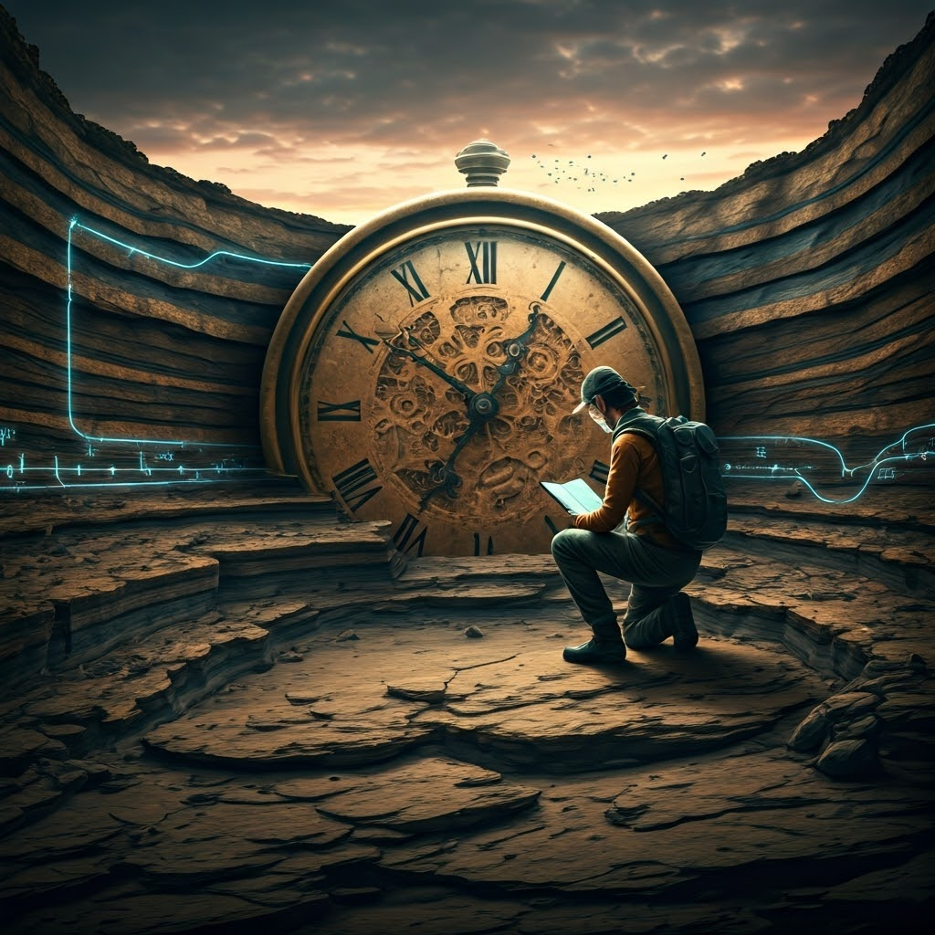 Panoramic view of a colossal antique clock embedded in layered bedrock, with a field researcher examining glowing timeline projections—symbolizing Earth’s vast history.