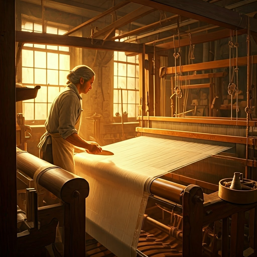 Single weaver using a flying shuttle in an 18th-century workshop, highlighting faster weaving.