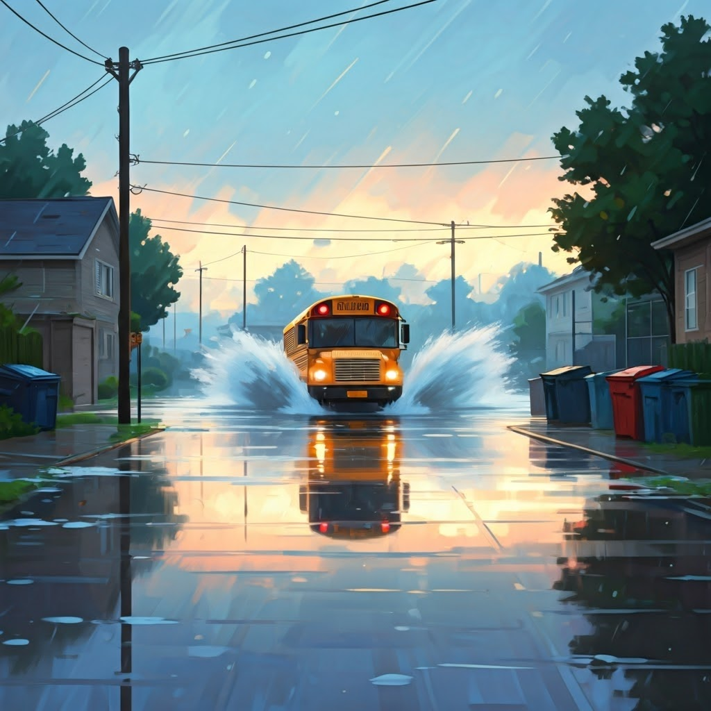 Impressionist view of a suburban street flooded after heavy rain, showing daily disruptions