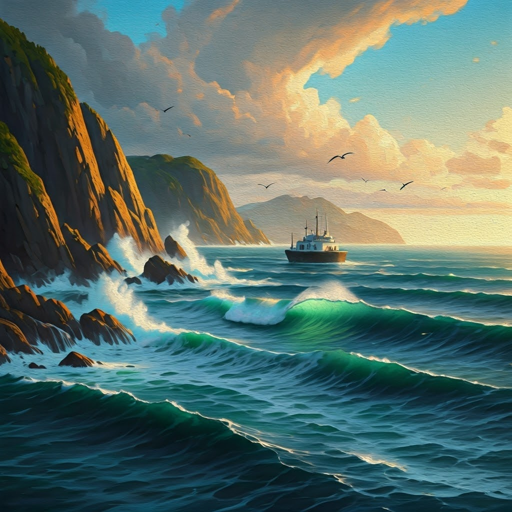 Golden-hour coastline with powerful waves turning submerged tidal turbines while seabirds soar overhead.