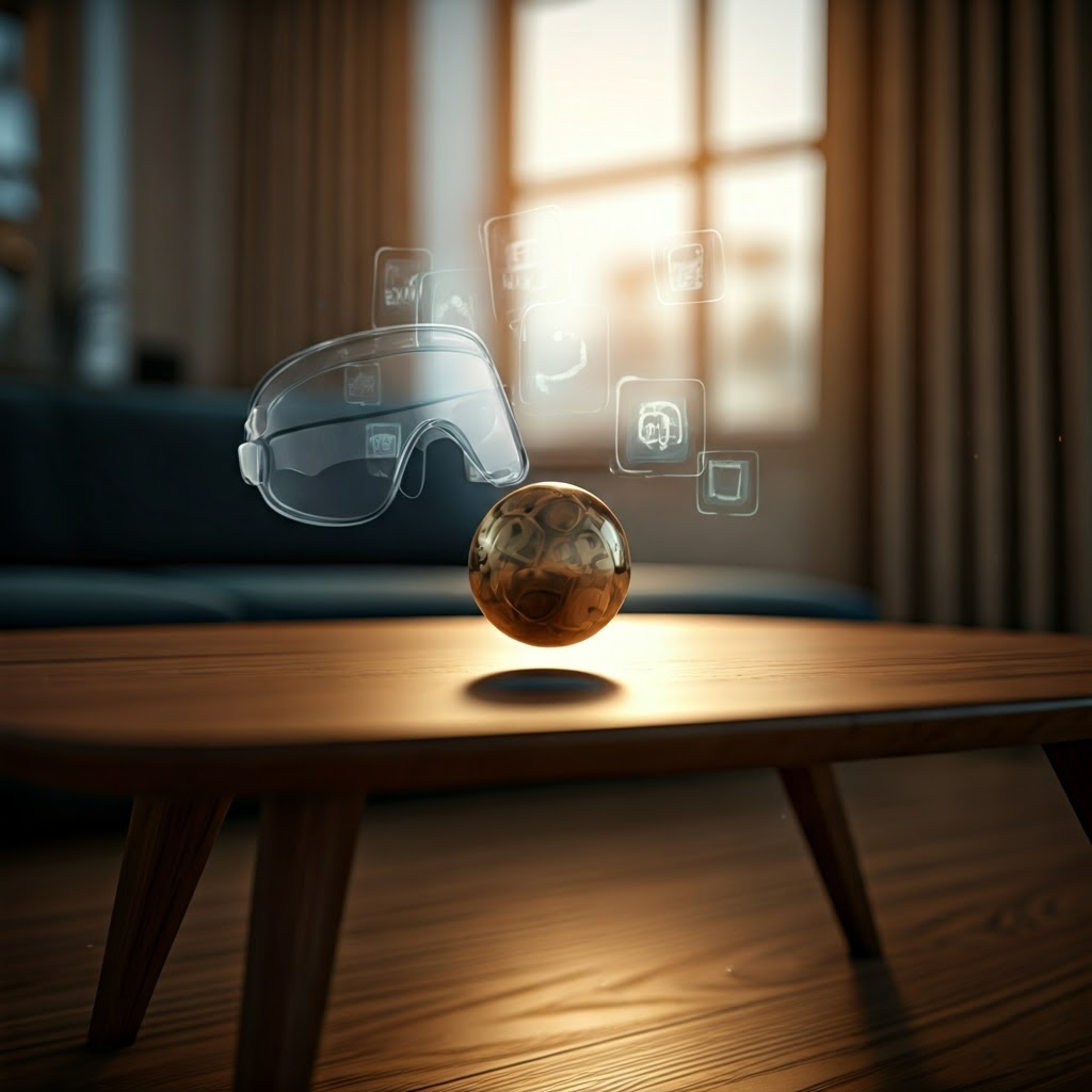 Photoreal 3D render of a digital ball bouncing on a real coffee table, highlighting mixed reality interaction