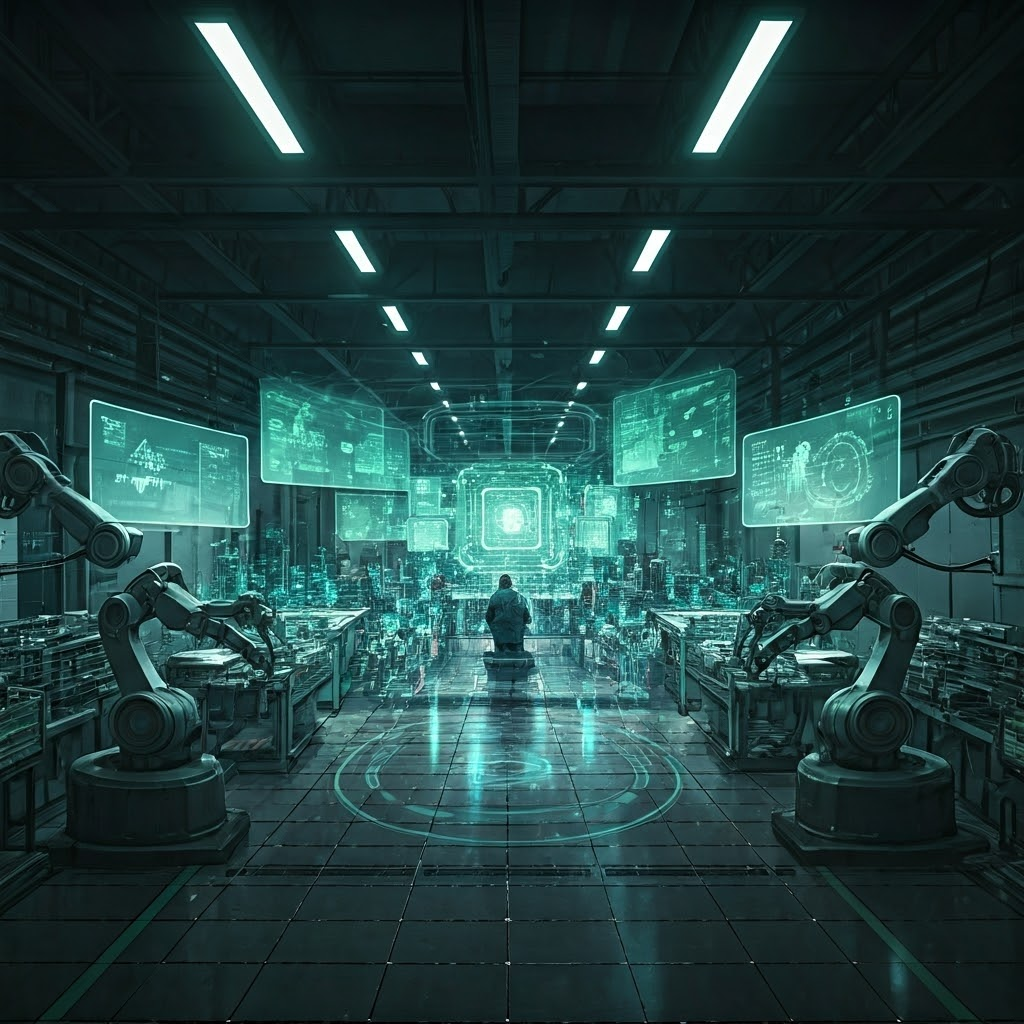 Interconnected robots assemble electronics in a glowing smart factory environment.