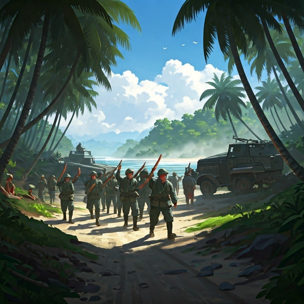 Japanese troops land on a Southeast Asian beach after swift victories