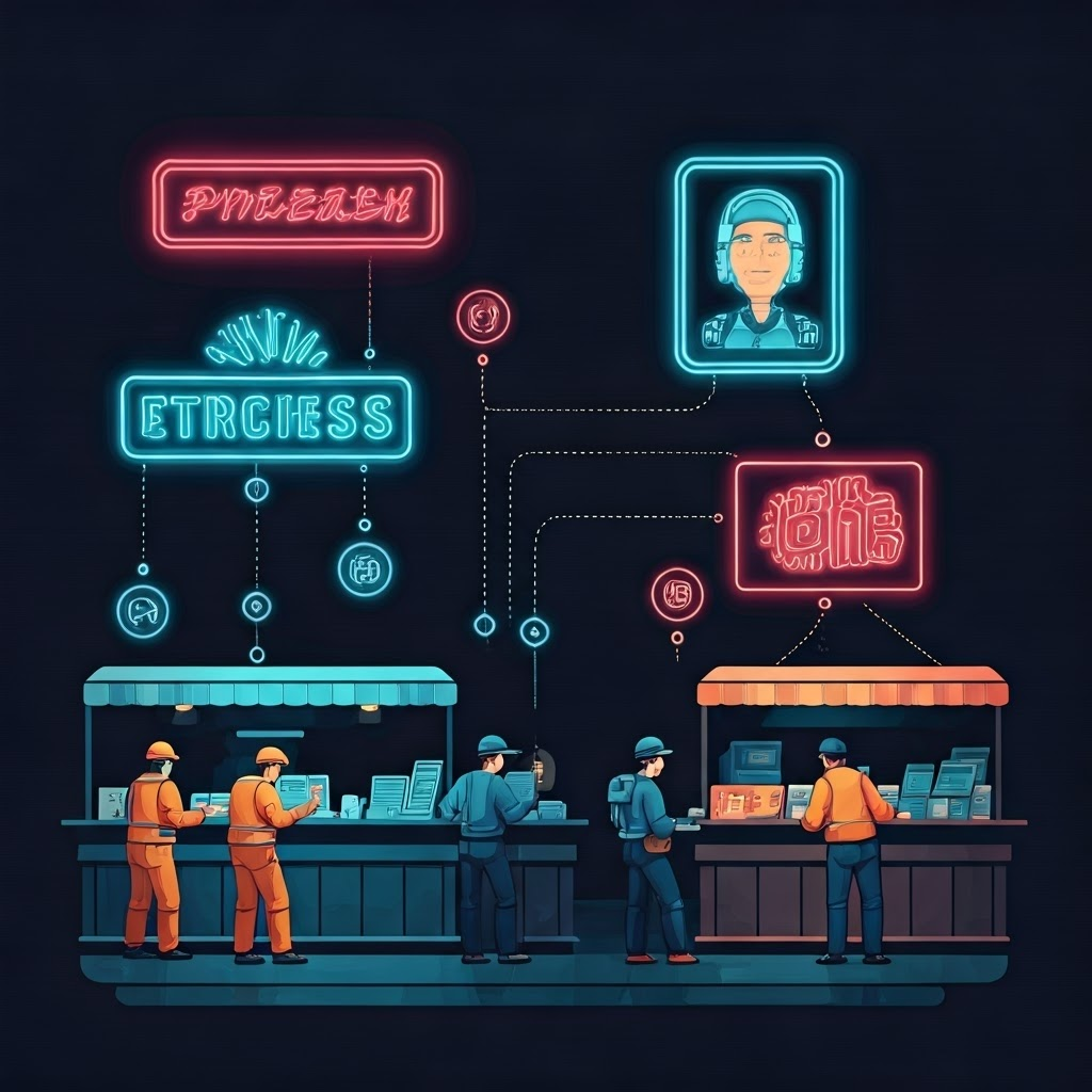 Infographic-style image of workers under neon signs processing tasks, showing thread and process models