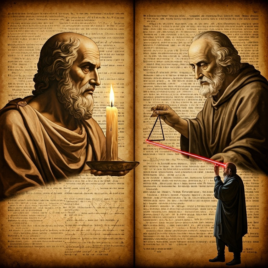 Collage shows a Greek thinker, a medieval scholar with a prism, and a modern physicist aligning a laser, tracing light research through history