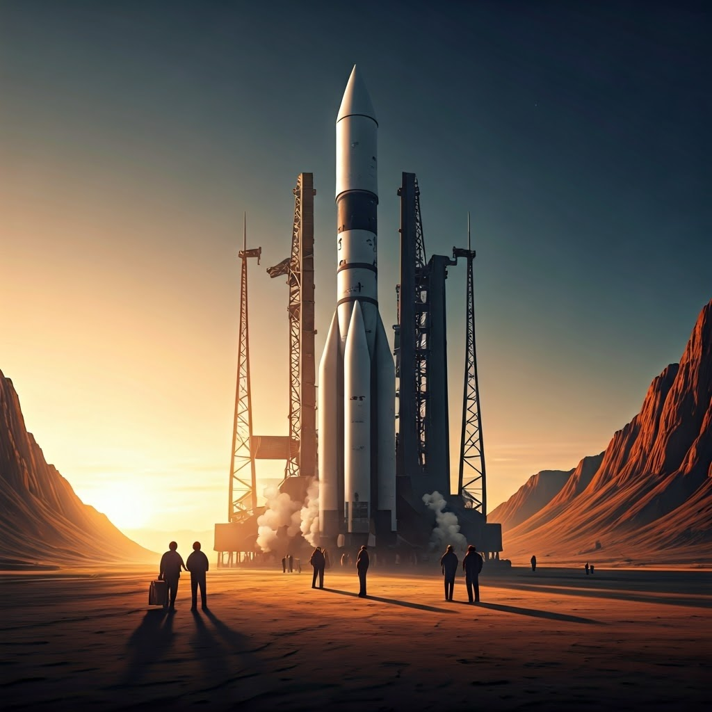 Sunrise illuminates heavy rockets on desert pads while crews work below