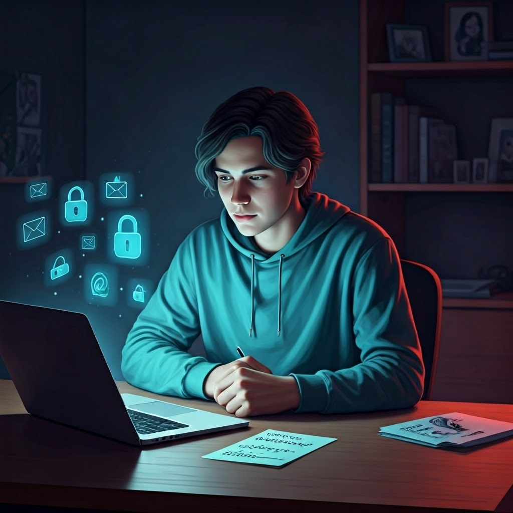 Focused young adult at a desk lit by a laptop, surrounded by holographic security icons, symbolizing everyday vigilance in a cyber-punk setting.
