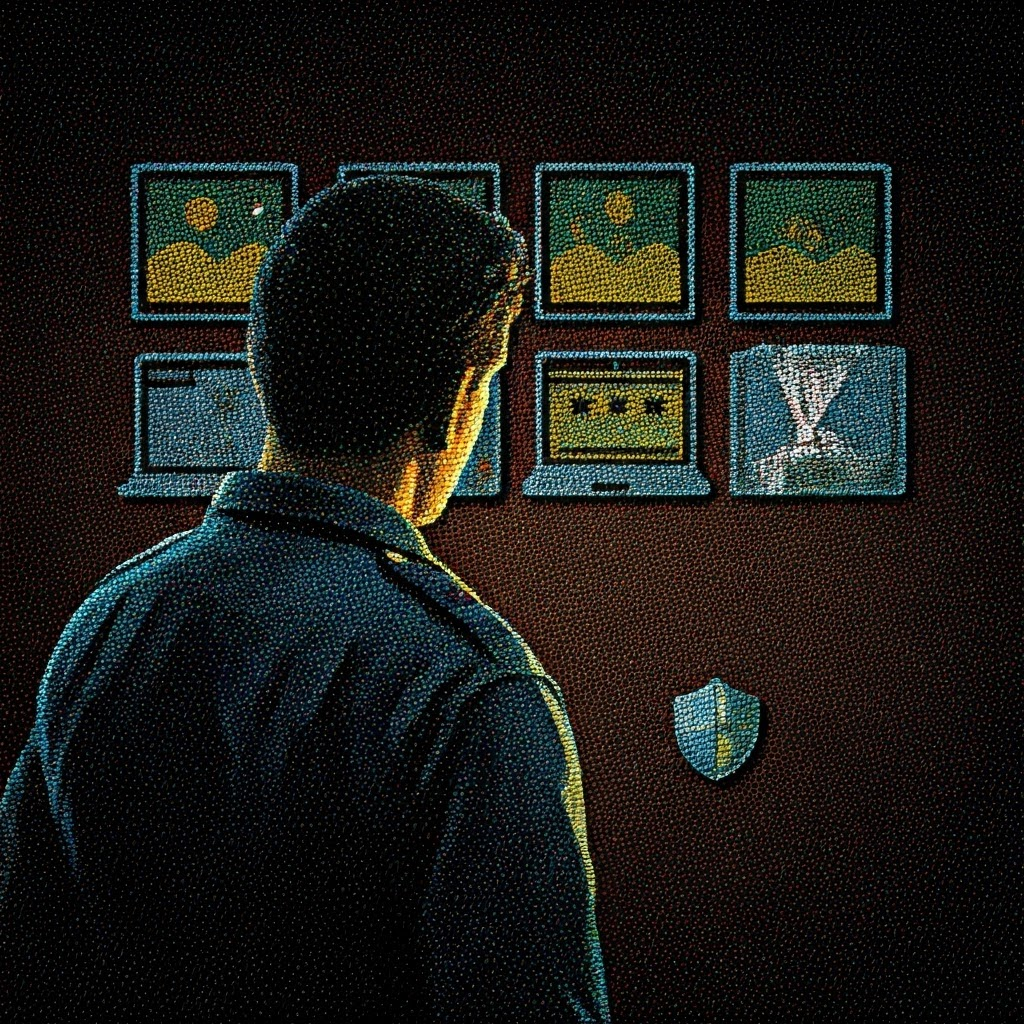 Security officer inspects icons of photos, passwords, and shields, made from bright pointillist dots that highlight different assets.