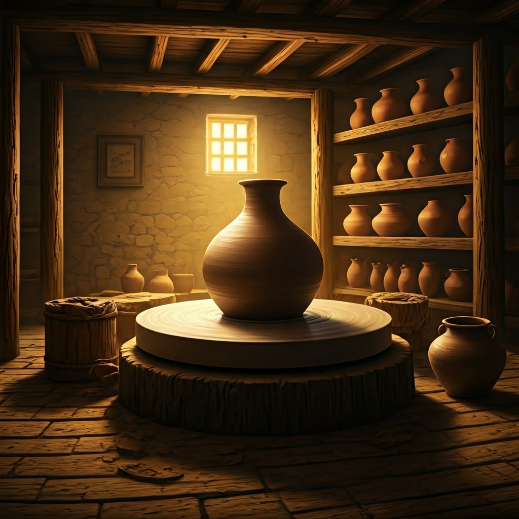 Mesopotamian potter shaping clay on a turning wheel under dim lamplight, the tool that inspired carts.