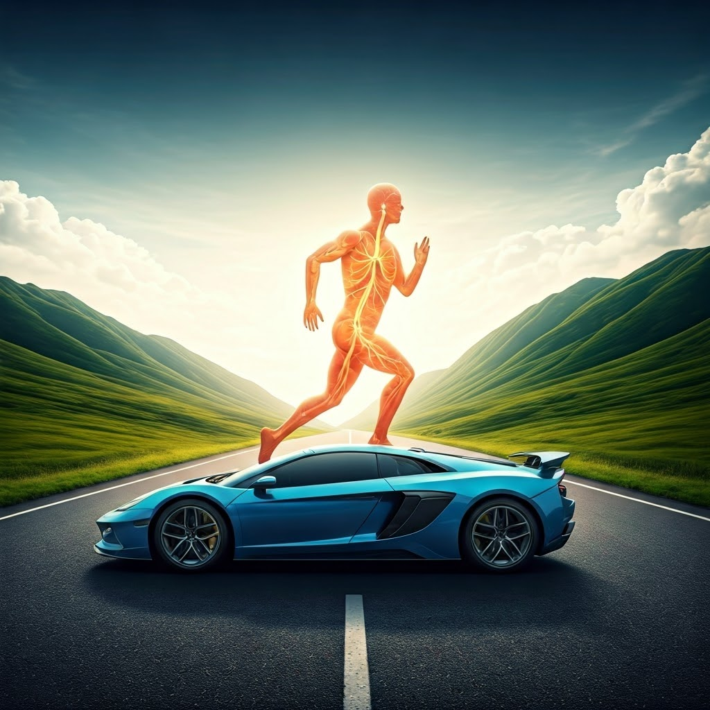 Photorealistic art of a sports car transforming into a runner on an open road, exhaust turning into oxygen-rich lungs.