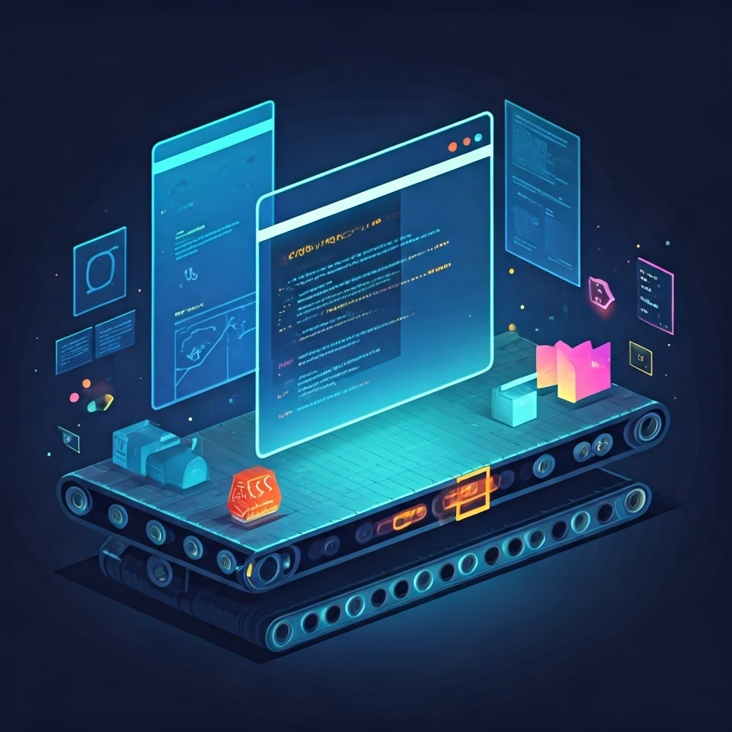 Assembly line under neon lights creating a webpage, with CSS, JavaScript, images, and fonts on conveyor belts