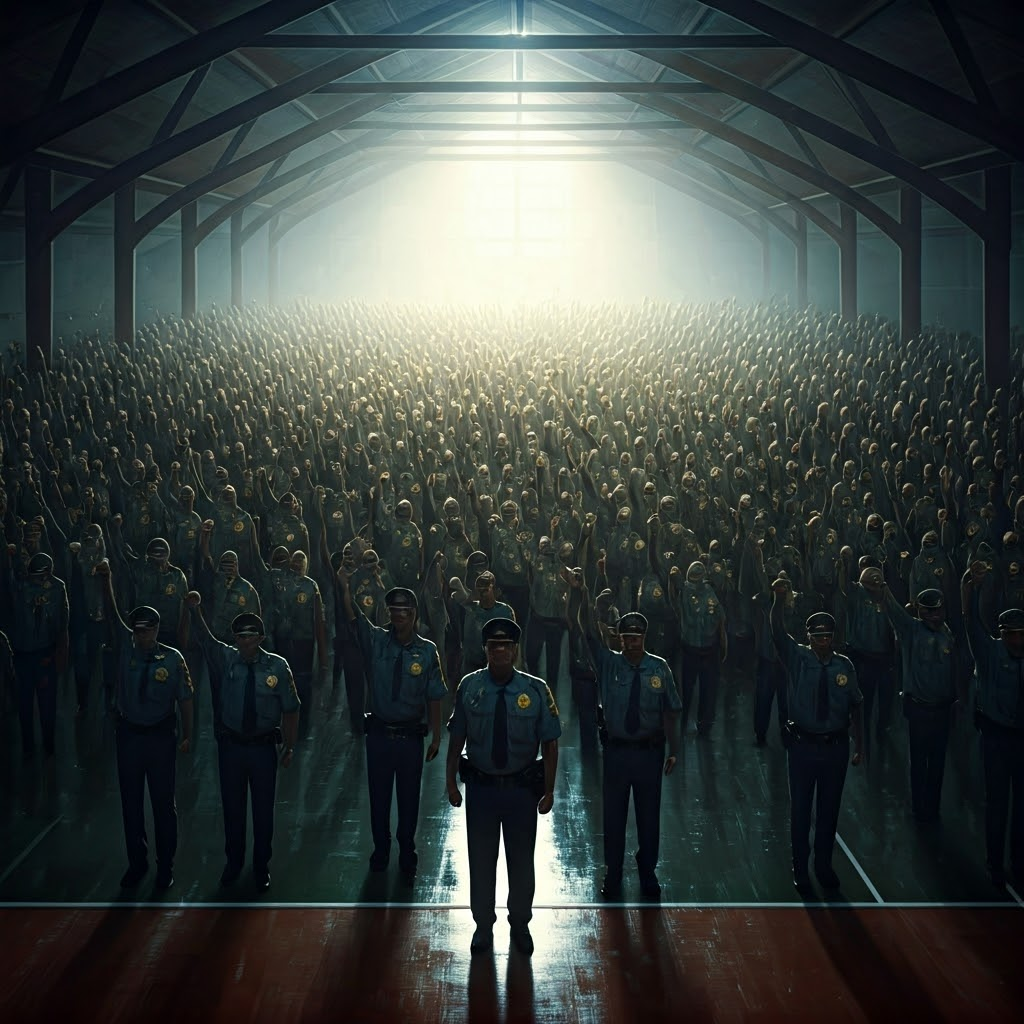 Deputies in an indoor tennis court raise their arms, unified to draft a constitution