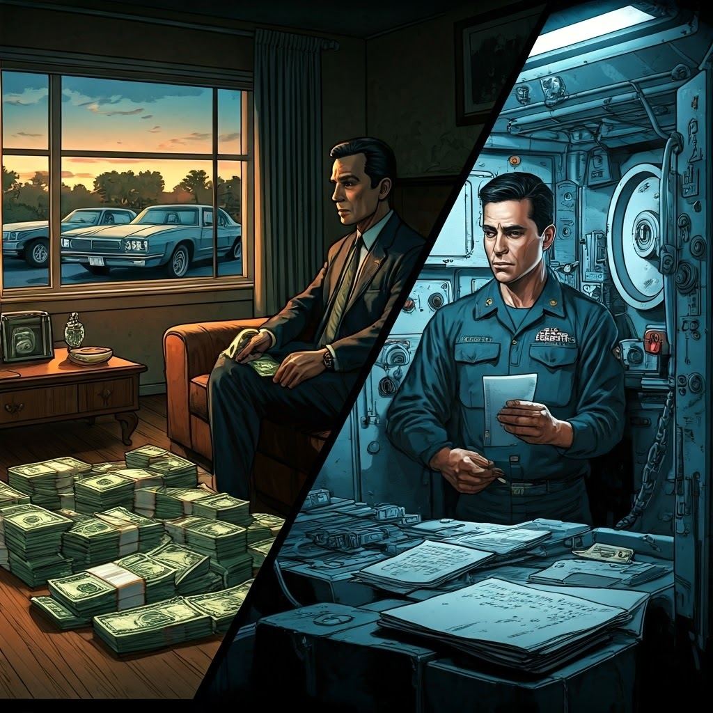 Contrasting scenes of a CIA agent with cash and a naval officer stealing codes, showing greed-driven espionage in the 1980s