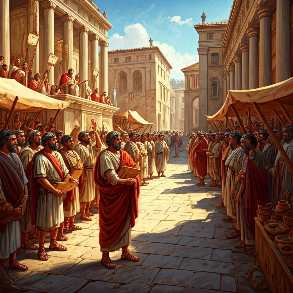 Outdoor Roman assembly with citizens raising voting tablets, illustrating popular participation