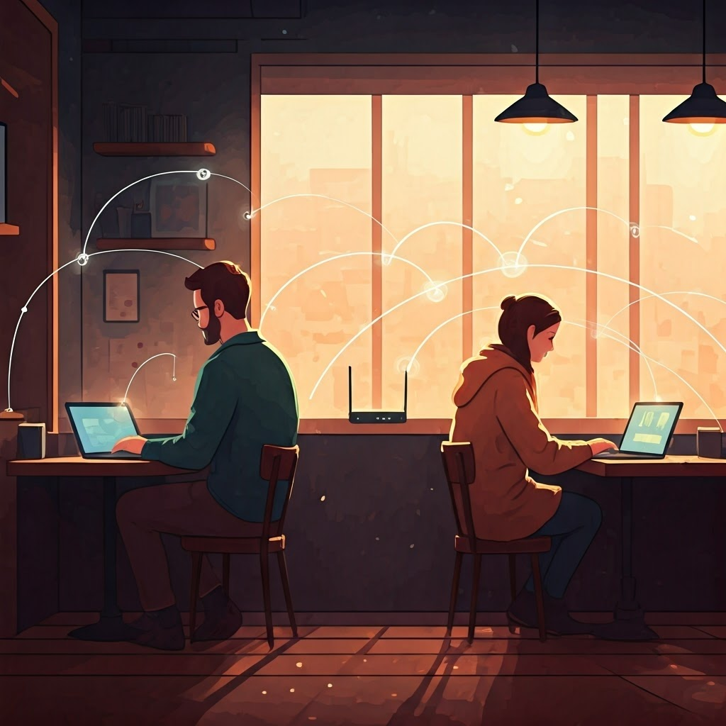 Cozy coffee shop where glowing lines connect devices to a central router, depicting everyday network use