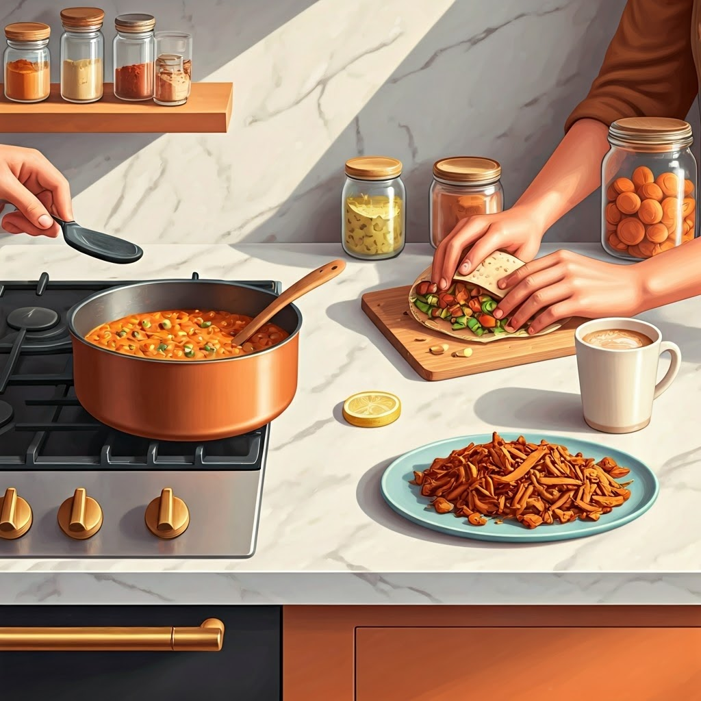 Home kitchen where cooks prepare lentil curry and chickpea pitas, highlighting practical plant-based meals