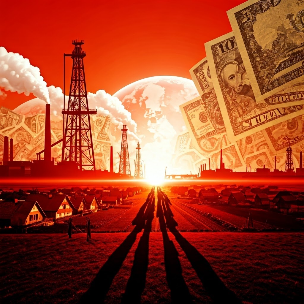 Collage of banknotes, oil rigs, and smokestacks looming over small towns in bold constructivist style.